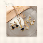 Luxury Style Clover-Shaped Titanium Steel Necklace and Earrings Set with Micro-Pavé Setting for Women and Men styled ecommerce image for women