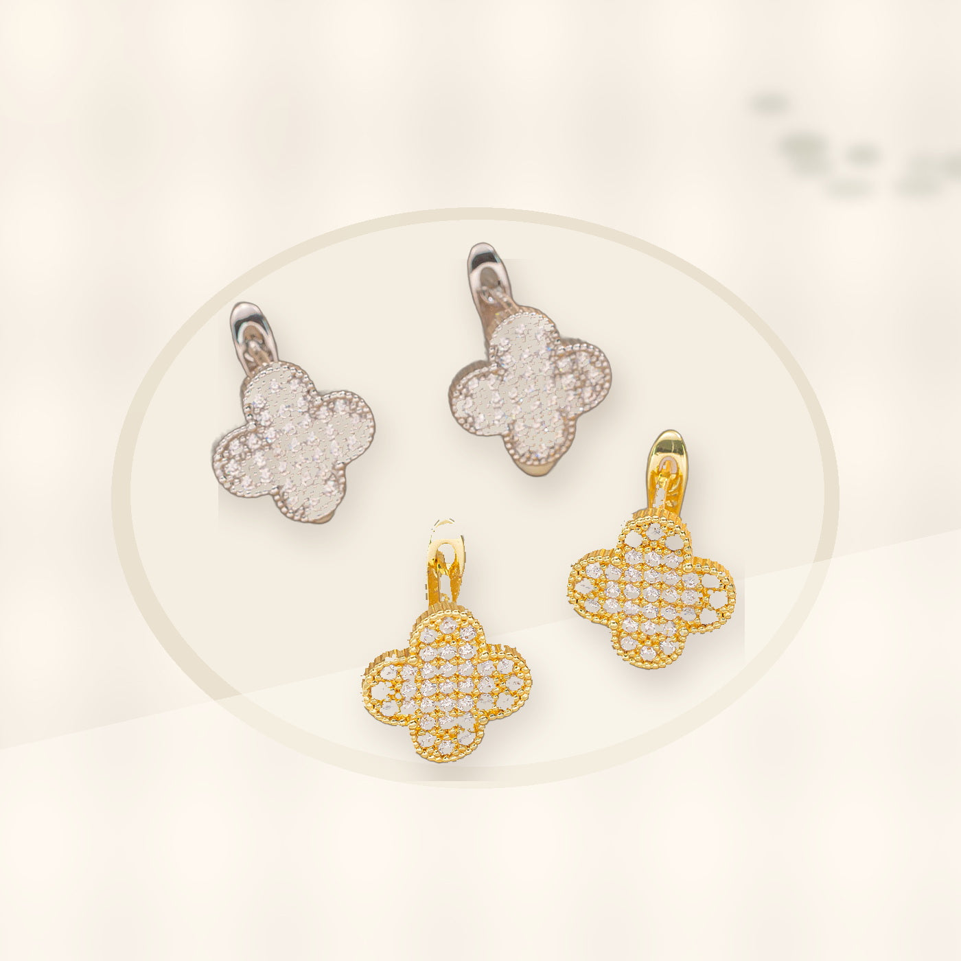 Elegant Four-Leaf Clover Earrings in Copper with 18K Gold Plating and Zircon Inlay, Floral and Geometric Design, Women's Fashion Jewelry styled ecommerce image for women
