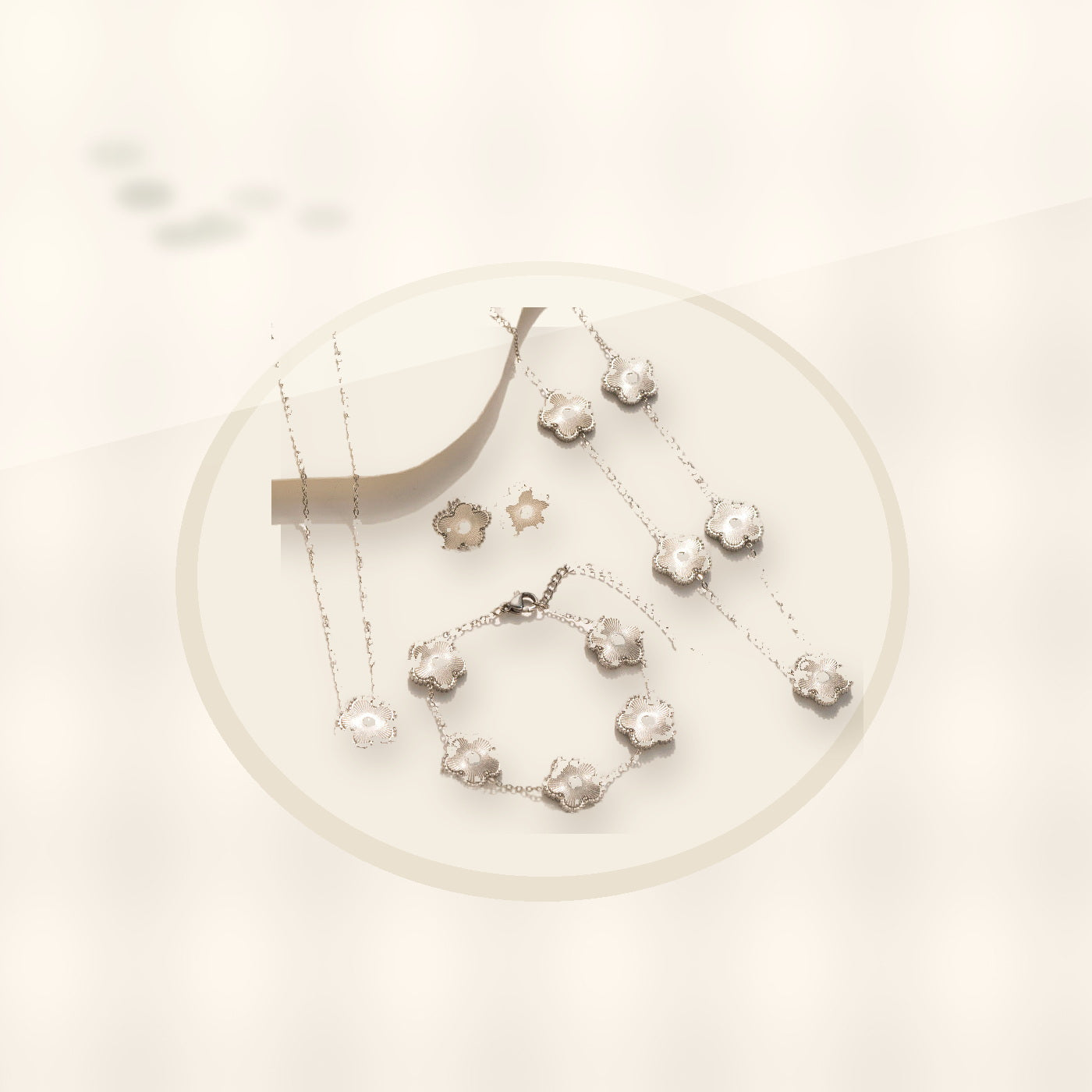 Minimalist Five-Petal Flower Necklace Set in Titanium Steel with Laser-Cut Clover Design, Electroplated Finish, O-Chain, for Women styled ecommerce image for women