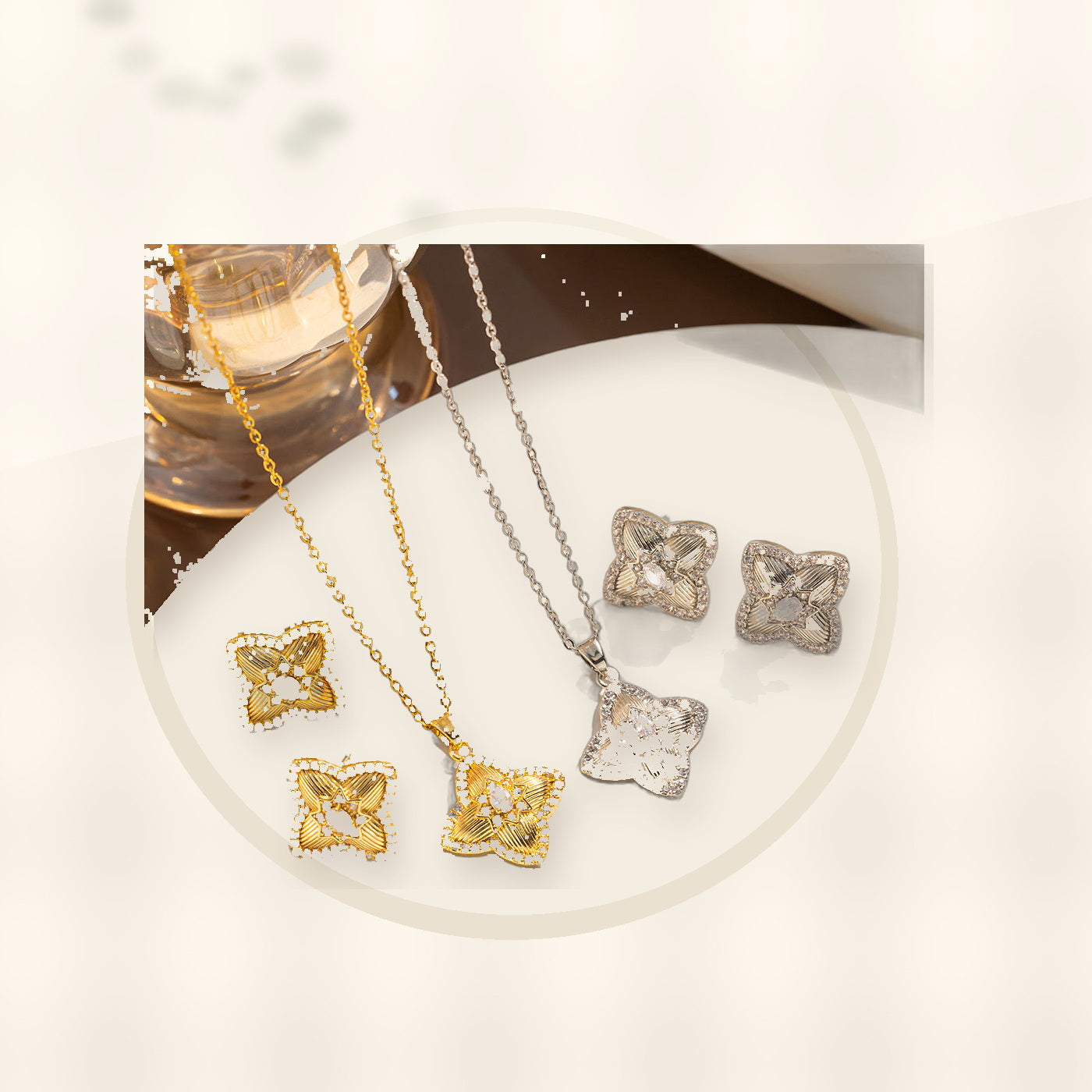 Minimalist Geometric Four-Sided Clover Pendant Necklace for Women in Titanium Steel with Rhinestone Inlay and Plated Finish styled ecommerce image for women