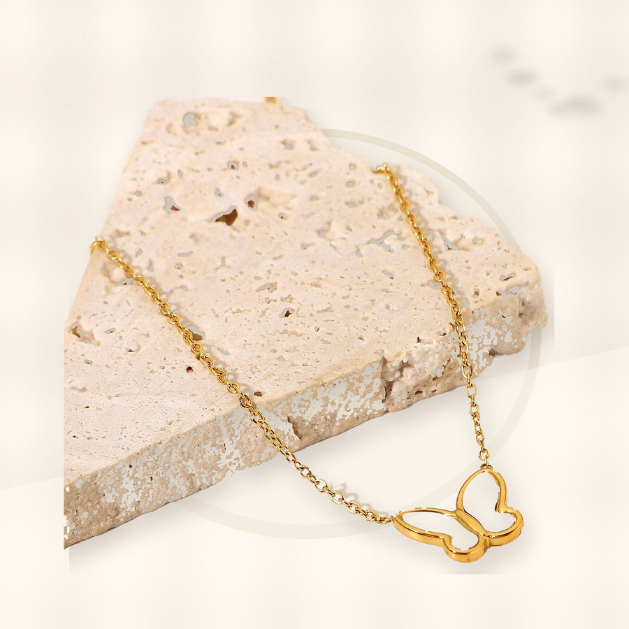 Butterfly Pendant Necklace in 316L 316L 316L Stainless Steel with Gold Electroplated for Women, Round Bead Chain, Animal-Inspired Minimalist Design