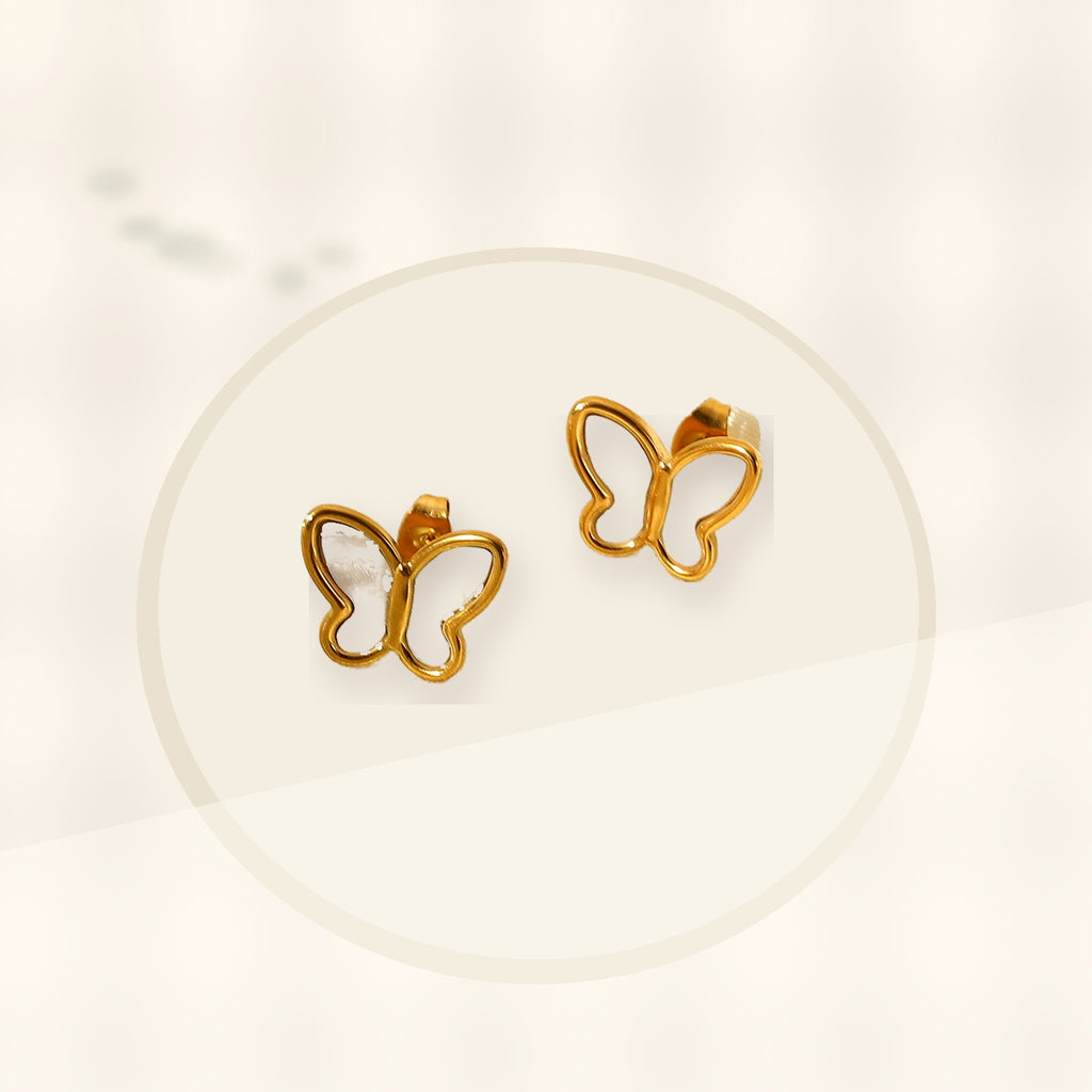 Elegant French Style 18K Gold Plated Stainless Steel Butterfly Stud Earrings for Women with Natural White Shell styled ecommerce image for women