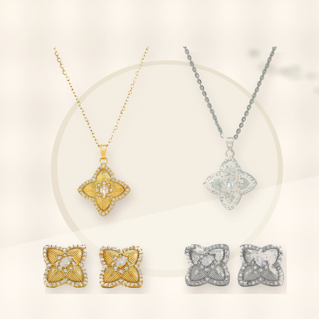 Minimalist Geometric Four-Sided Clover Pendant Necklace for Women in Titanium Steel with Rhinestone Inlay and Plated Finish styled ecommerce image for women