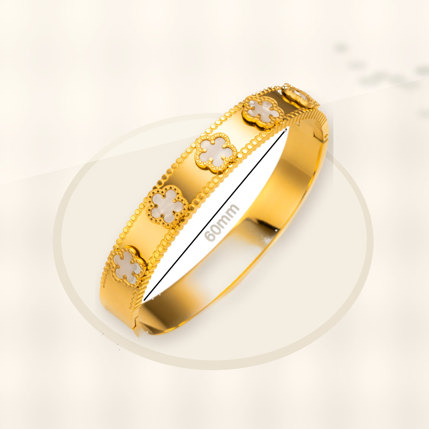 Fashionable Stainless Steel Clover Bracelet for Women with Mother-of-Pearl Inlay, Hypoallergenic Electroplated Finish, Geometric Oval Design styled ecommerce image for women