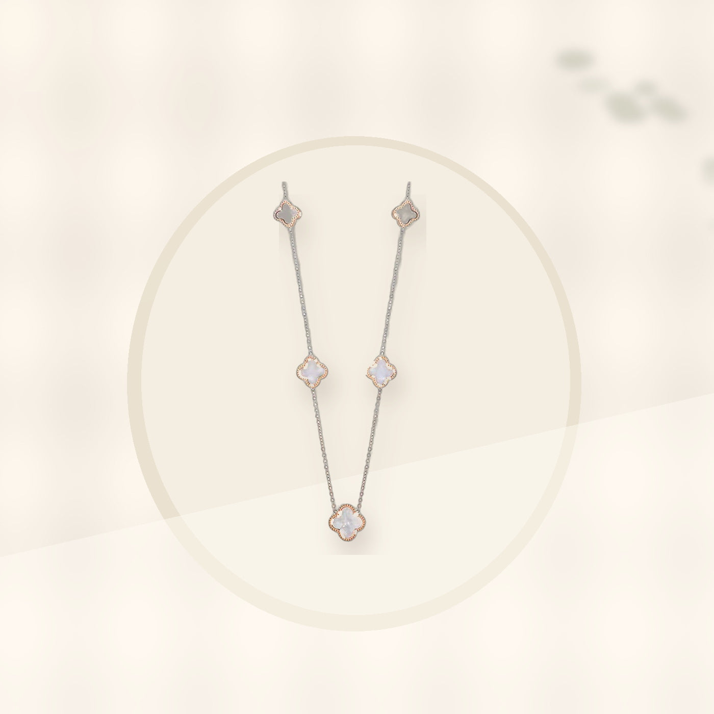 Light Luxury 18K Rose Gold Plated Geometric Four-Leaf Clover Titanium Steel Necklace for Women styled ecommerce image for women