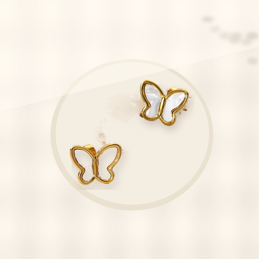 Elegant French Style 18K Gold Plated Stainless Steel Butterfly Stud Earrings for Women with Natural White Shell styled ecommerce image for women