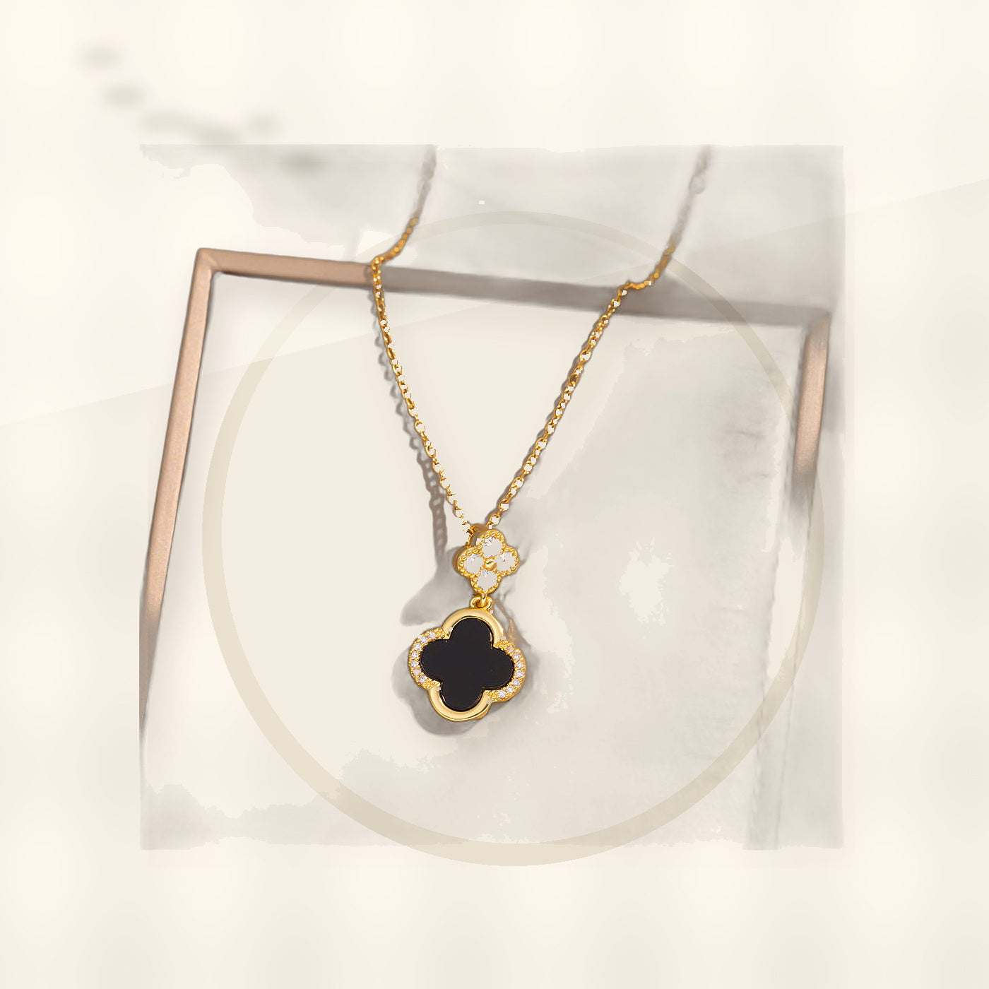 Luxury Style Clover-Shaped Titanium Steel Necklace and Earrings Set with Micro-Pavé Setting for Women and Men styled ecommerce image for women