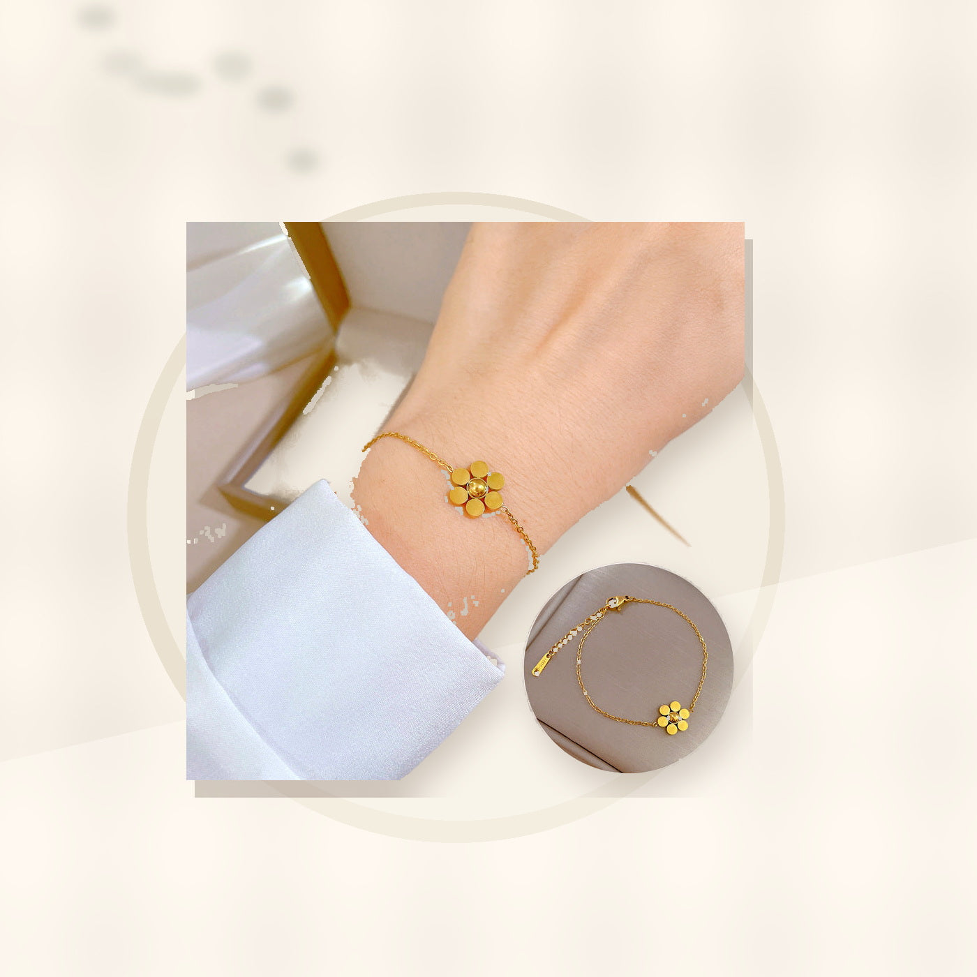 Vintage Style Six-Petal Flower Beaded Bracelet for Women Made of Titanium Steel with Gold Inlay and Wavy Texture styled ecommerce image for women