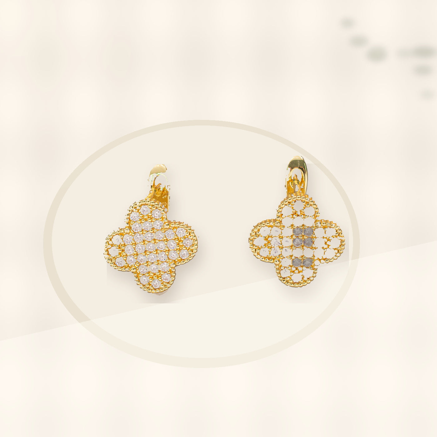Elegant Four-Leaf Clover Earrings in Copper with 18K Gold Plating and Zircon Inlay, Floral and Geometric Design, Women's Fashion Jewelry styled ecommerce image for women