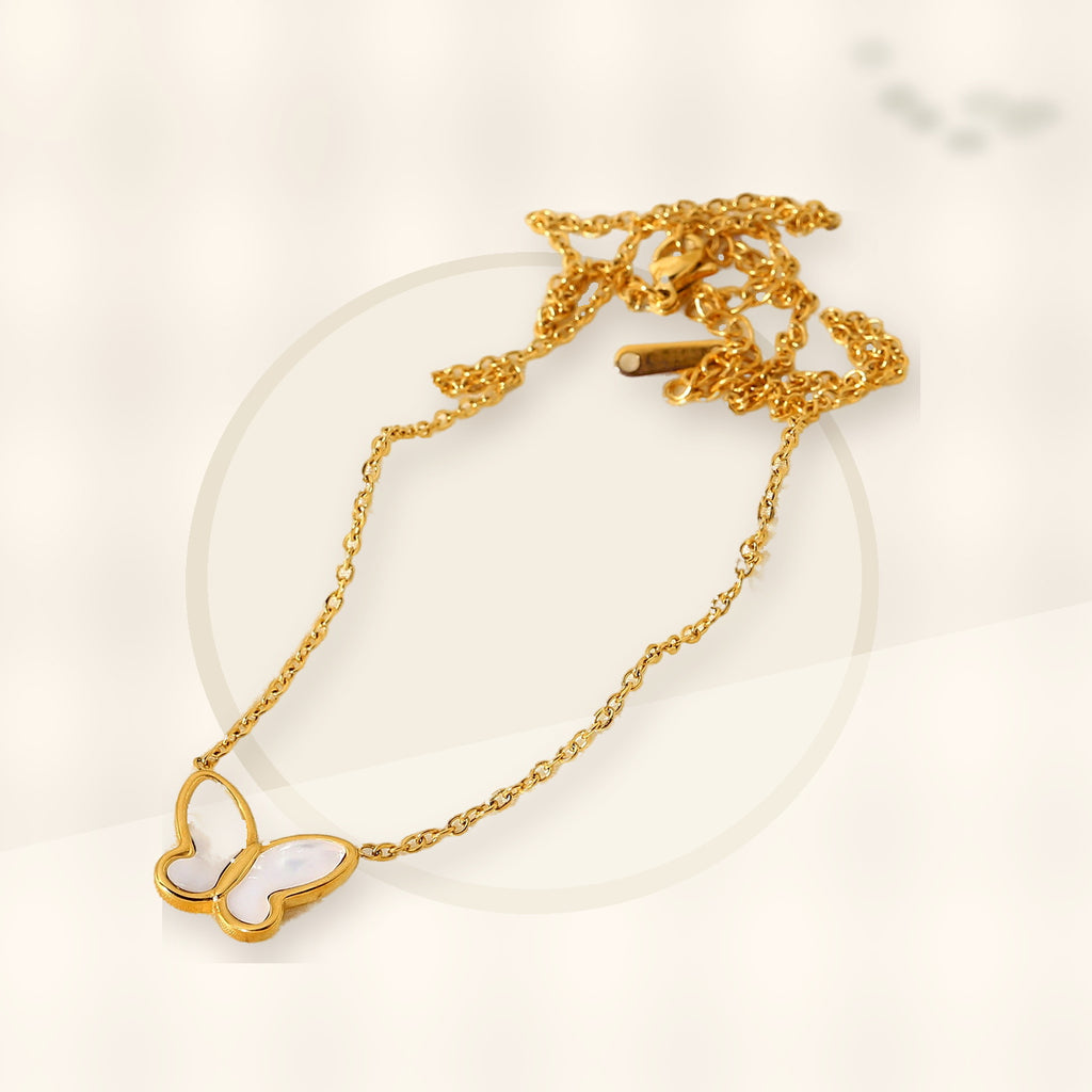 Butterfly Pendant Necklace in Stainless Steel with 14K Gold Plating for Women, Round Bead Chain, Animal-Inspired Minimalist Design styled ecommerce image for women
