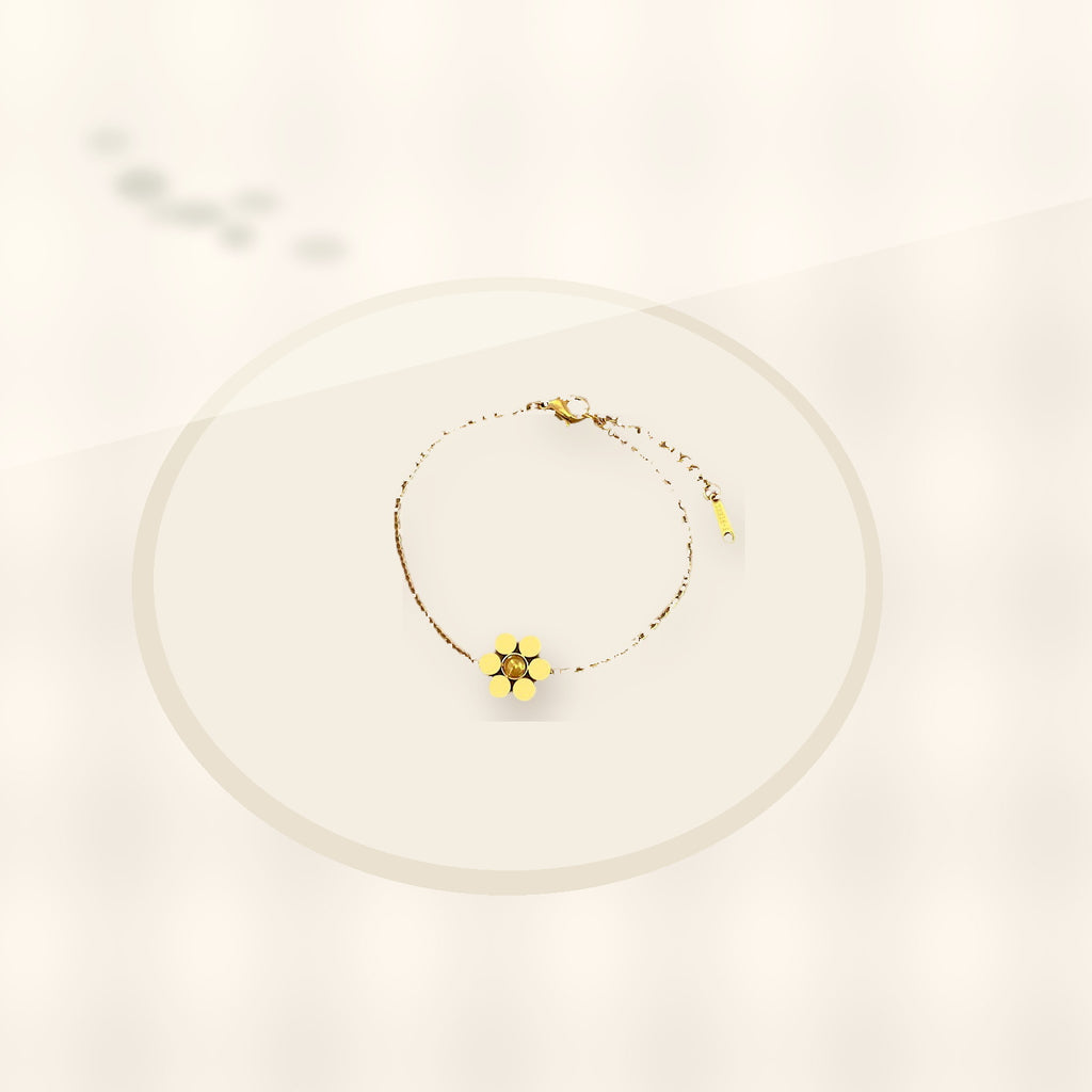 Vintage Style Six-Petal Flower Beaded Bracelet for Women Made of Titanium Steel with Gold Inlay and Wavy Texture styled ecommerce image for women