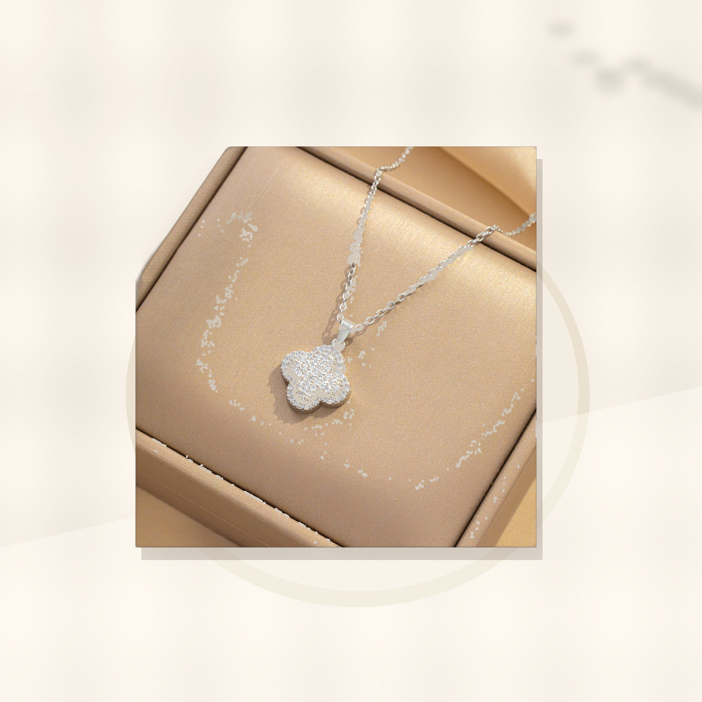 Minimalist Four-Leaf Clover Pendant Necklace for Women in Titanium Steel with Rhinestone Inlay and Polished Finish styled ecommerce image for women