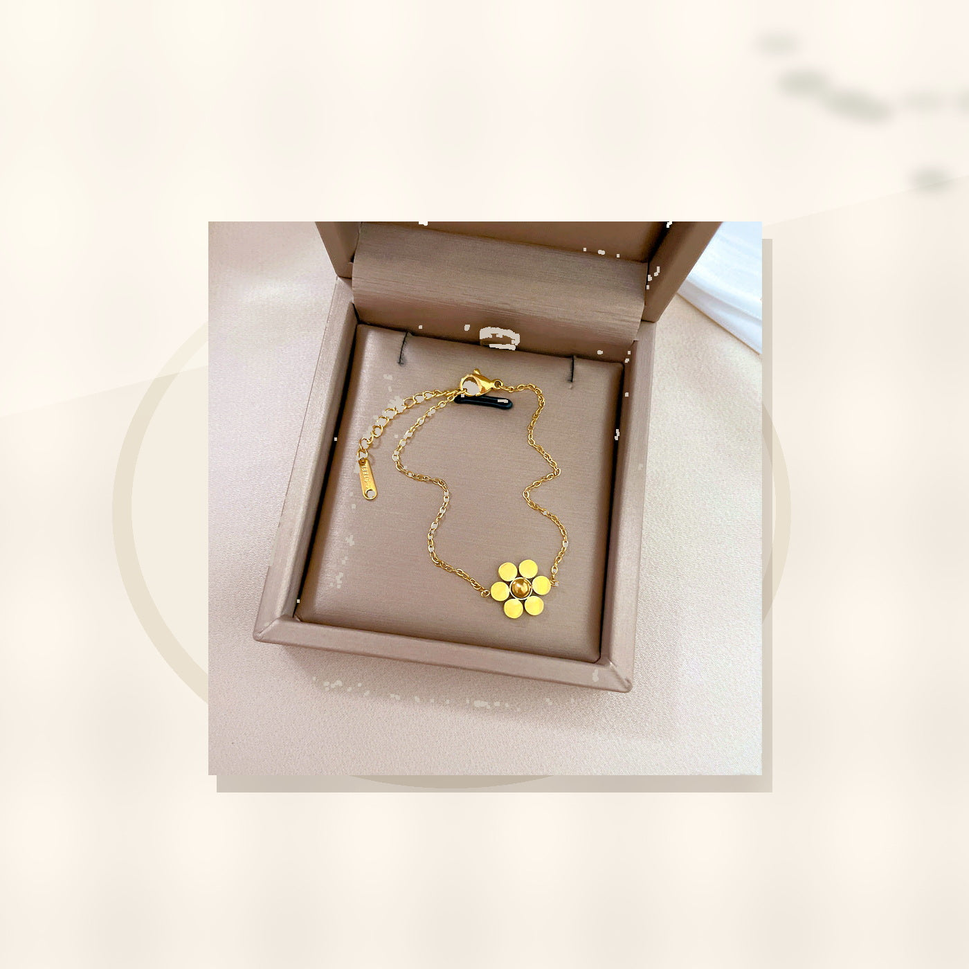 Vintage Style Six-Petal Flower Beaded Bracelet for Women Made of Titanium Steel with Gold Inlay and Wavy Texture styled ecommerce image for women