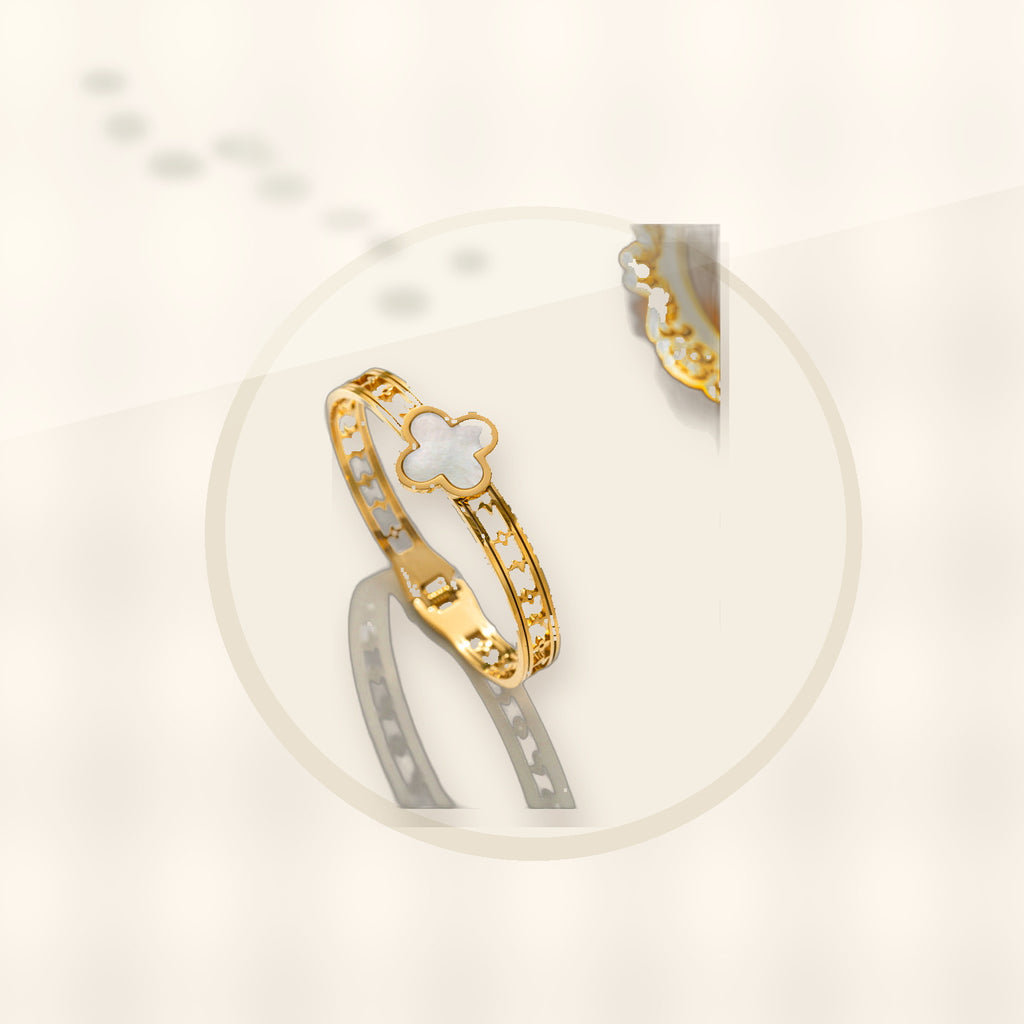 Minimalist Lucky Clover Shaped Titanium Steel Bracelet with Vacuum Plating for Women styled ecommerce image for women
