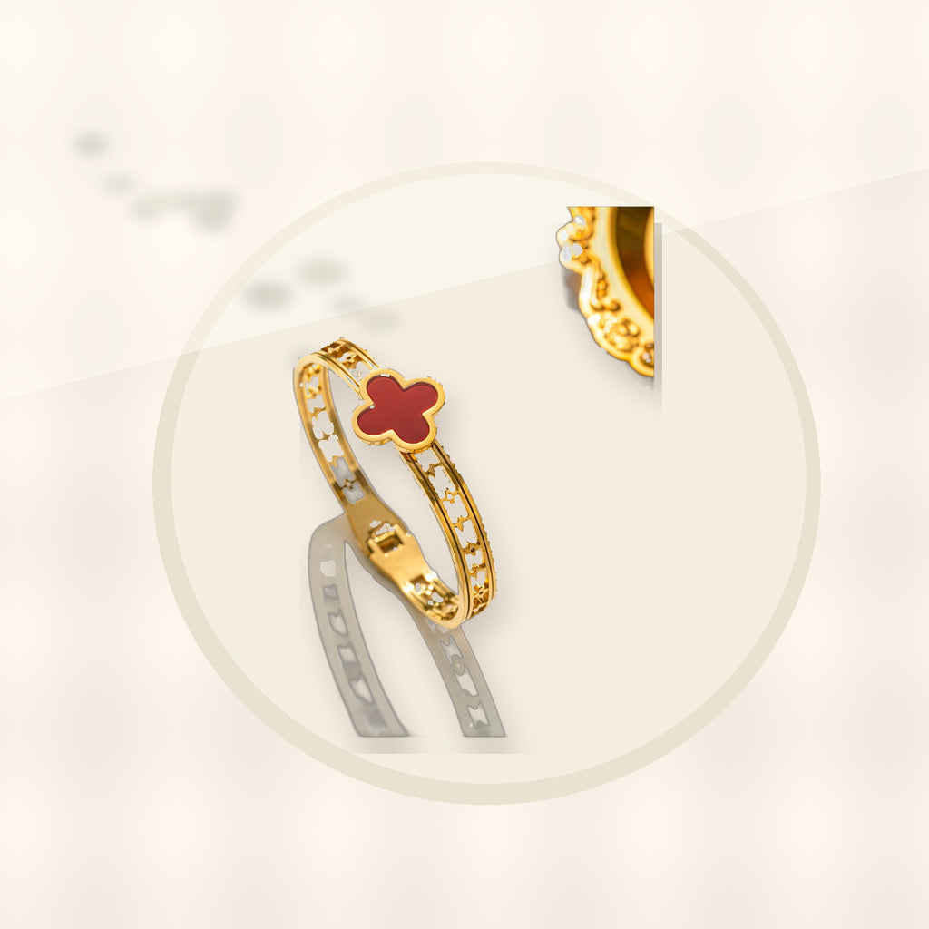 Minimalist Lucky Clover Shaped Titanium Steel Bracelet with Vacuum Plating for Women styled ecommerce image for women