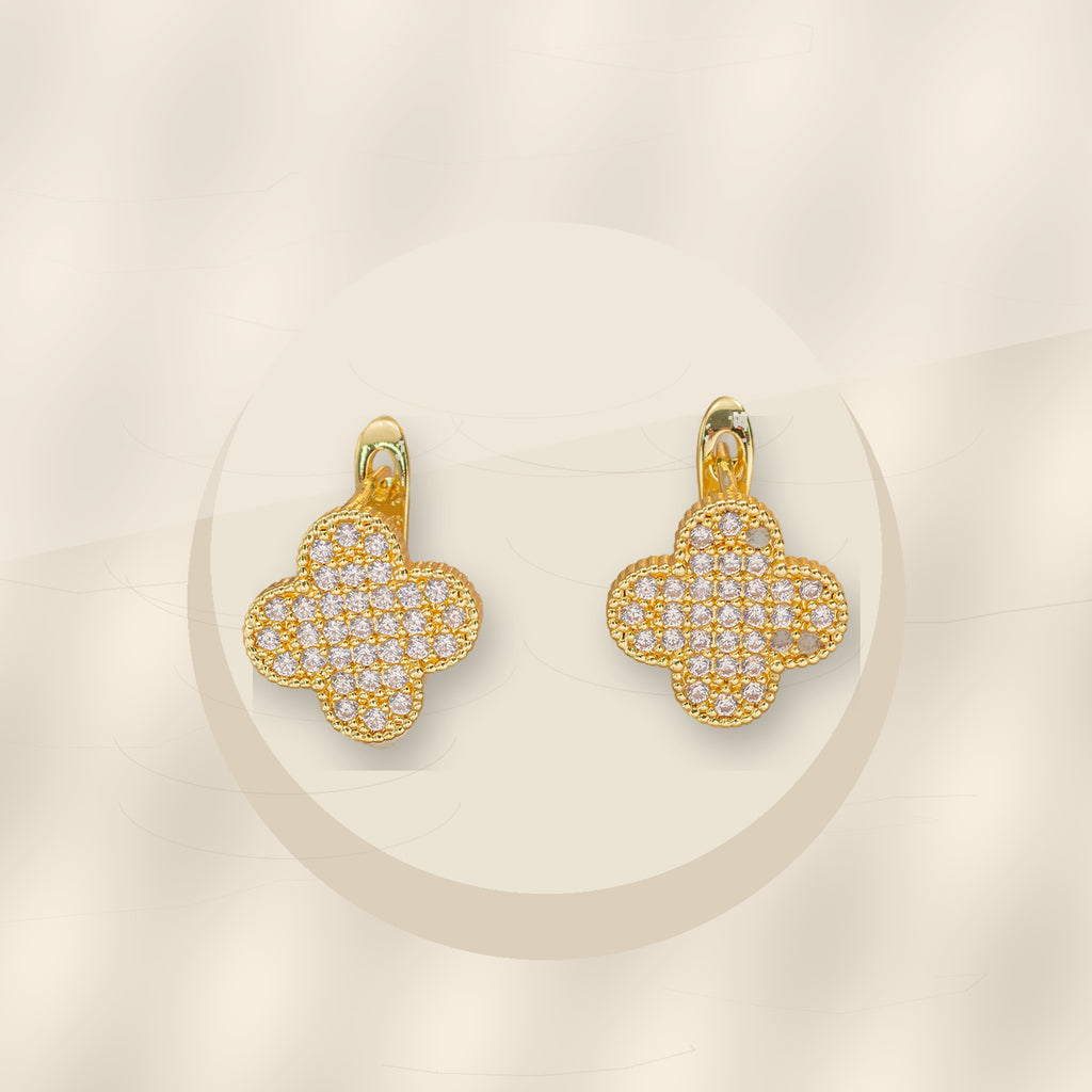Elegant Four-Leaf Clover Earrings in 316L Stainless Steel with Gold Electroplated and Zircon Inlay, Floral and Geometric Design, Women's Fashion Jewelry - ivory marble minimal luxury product photo