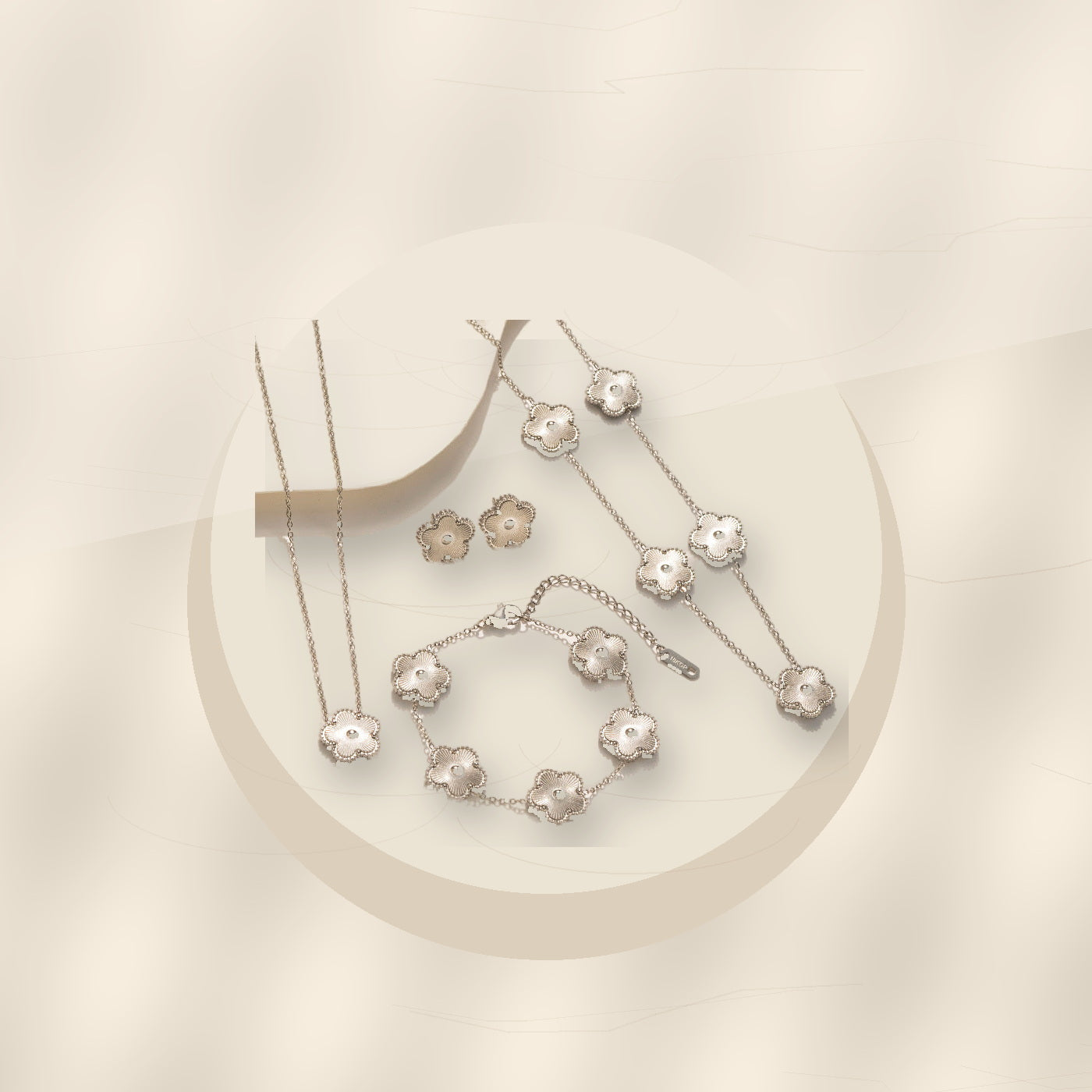 Minimalist Five-Petal Flower Necklace Set in 316L 316L Stainless Steel with Laser-Cut Clover Design, Gold Electroplated finish, O-Chain, for Women - ivory marble minimal luxury product photo