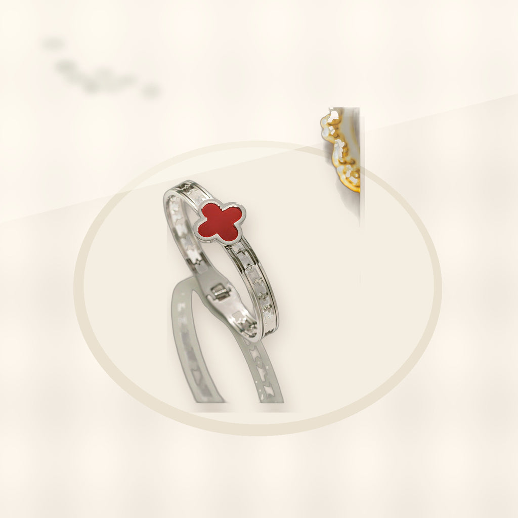 Minimalist Lucky Clover Shaped Titanium Steel Bracelet with Vacuum Plating for Women styled ecommerce image for women