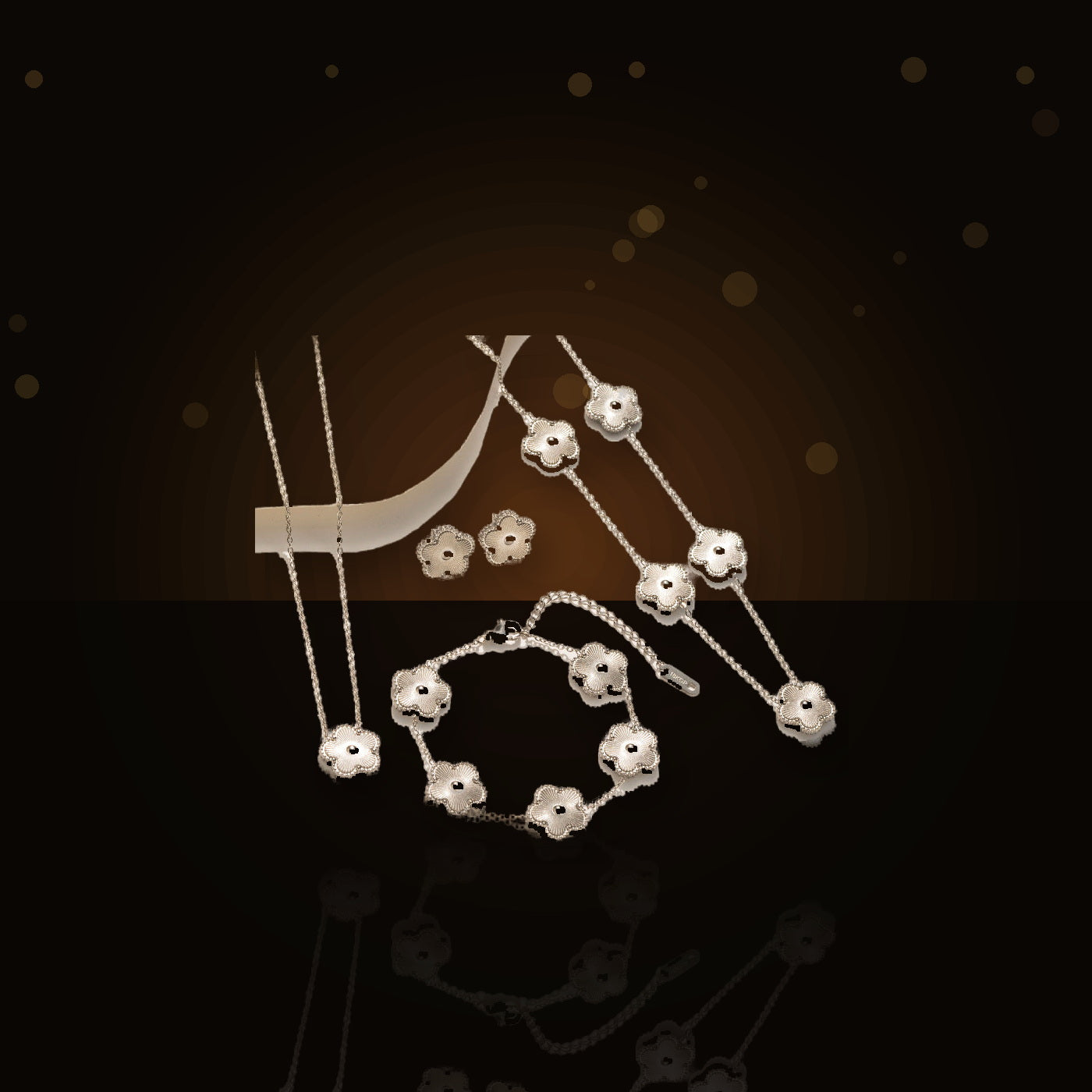 Minimalist Five-Petal Flower Necklace Set in 316L 316L Stainless Steel with Laser-Cut Clover Design, Gold Electroplated finish, O-Chain, for Women - dark glossy luxury campaign product photo