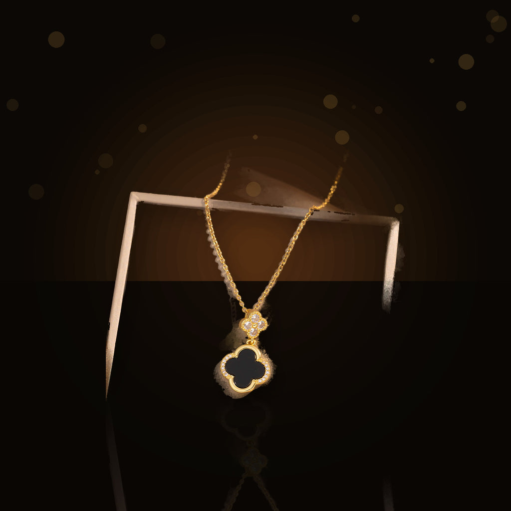 Luxury Style Clover-Shaped 316L 316L Stainless Steel Necklace and Earrings Set with Micro-Pavé Setting for Women and Men - dark glossy luxury campaign product photo