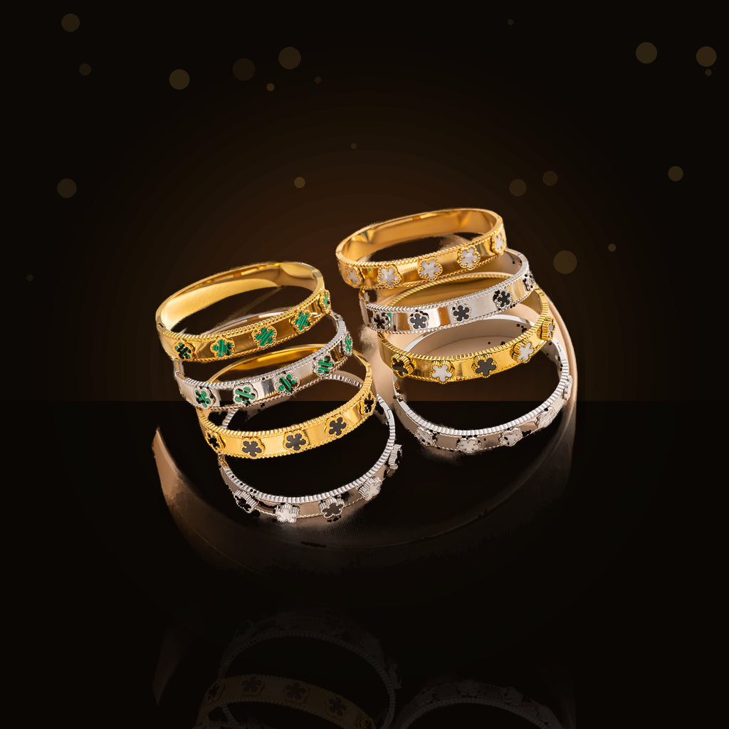 Fashionable 316L Stainless Steel Clover Bracelet for Women with Mother-of-Pearl Inlay, Hypoallergenic Gold Electroplated finish, Geometric Oval Design - dark glossy luxury campaign product photo