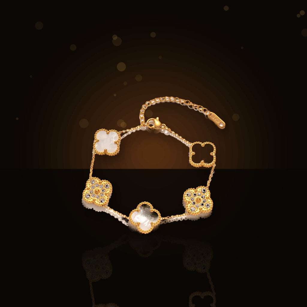 Elegant Four-Leaf Clover Bracelet in 316L 316L Stainless Steel with Rhinestone Inlay, Dual-Wear Design for Women and Men, Electroplated for Hypoallergenic Wear - dark glossy luxury campaign product photo