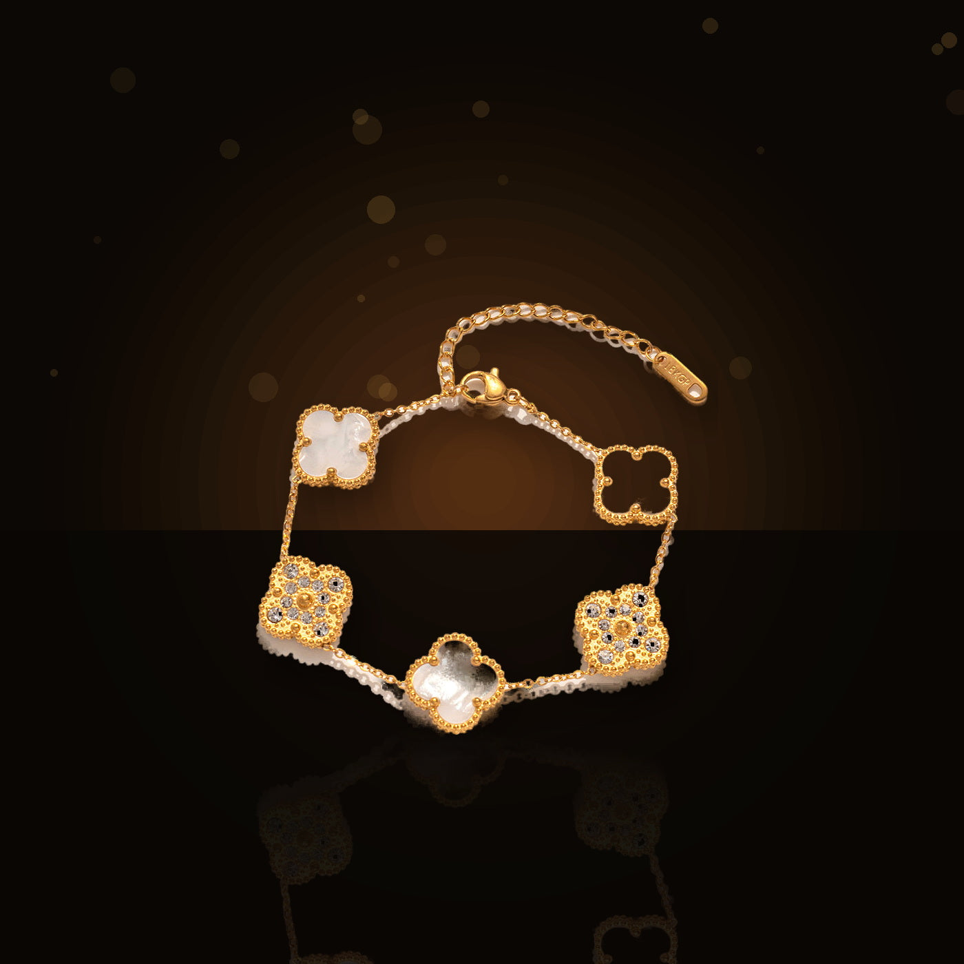 Elegant Four-Leaf Clover Bracelet in 316L 316L Stainless Steel with Rhinestone Inlay, Dual-Wear Design for Women and Men, Electroplated for Hypoallergenic Wear - dark glossy luxury campaign product photo