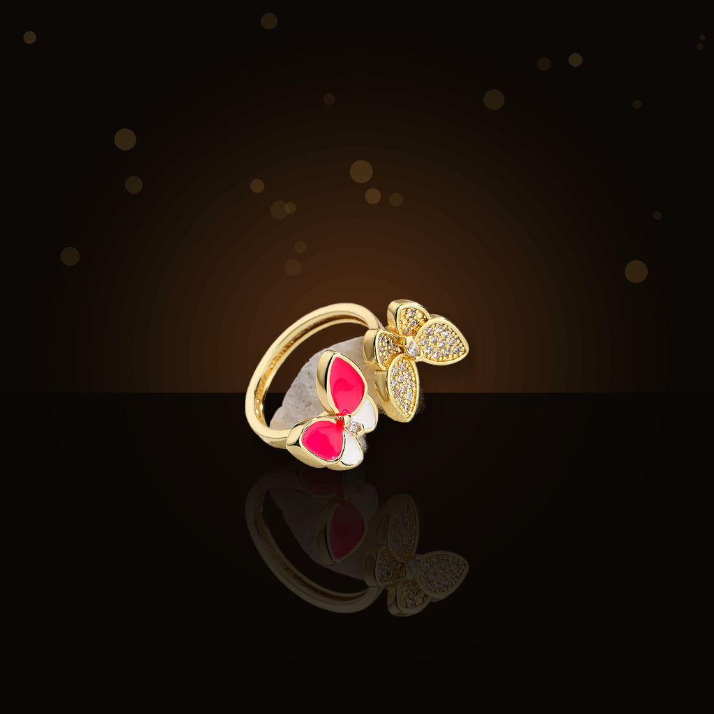 Butterfly-Shaped Minimalist 316L Stainless Steel Ring with Gold Electroplated and Micro-Pave Zirconia Accents for Women - dark glossy luxury campaign product photo