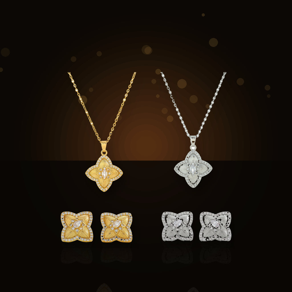 Minimalist Geometric Four-Sided Clover Pendant Necklace for Women in 316L 316L Stainless Steel with Rhinestone Inlay and Plated Finish - dark glossy luxury campaign product photo