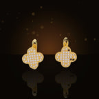 Elegant Four-Leaf Clover Earrings in 316L Stainless Steel with Gold Electroplated and Zircon Inlay, Floral and Geometric Design, Women's Fashion Jewelry - dark glossy luxury campaign product photo