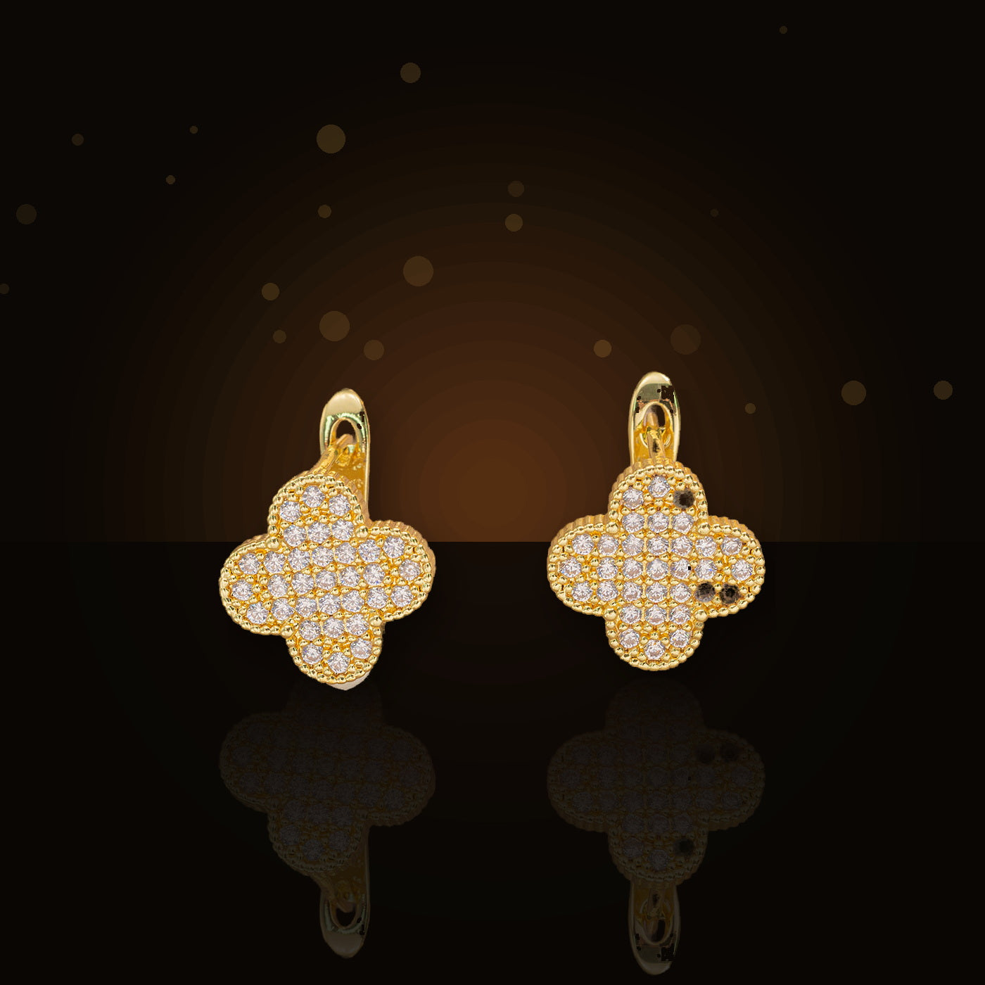 Elegant Four-Leaf Clover Earrings in 316L Stainless Steel with Gold Electroplated and Zircon Inlay, Floral and Geometric Design, Women's Fashion Jewelry - dark glossy luxury campaign product photo