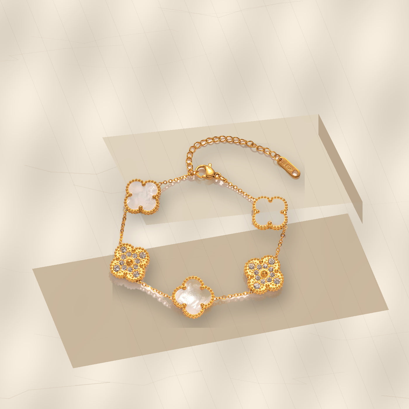 Elegant Four-Leaf Clover Bracelet in 316L 316L Stainless Steel with Rhinestone Inlay, Dual-Wear Design for Women and Men, Electroplated for Hypoallergenic Wear - modern geometric editorial product photo