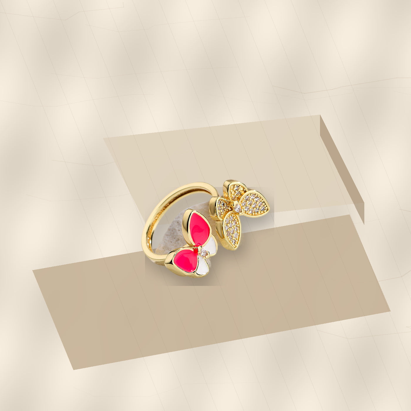 Butterfly-Shaped Minimalist 316L Stainless Steel Ring with Gold Electroplated and Micro-Pave Zirconia Accents for Women - modern geometric editorial product photo