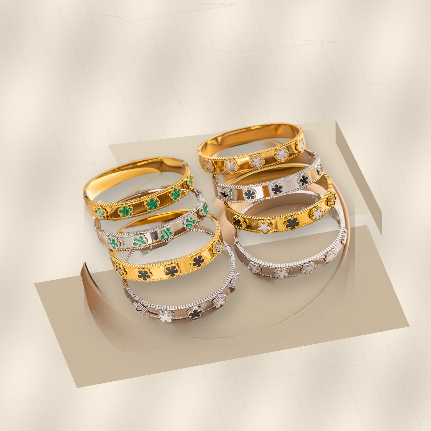 Fashionable 316L Stainless Steel Clover Bracelet for Women with Mother-of-Pearl Inlay, Hypoallergenic Gold Electroplated finish, Geometric Oval Design - modern geometric editorial product photo