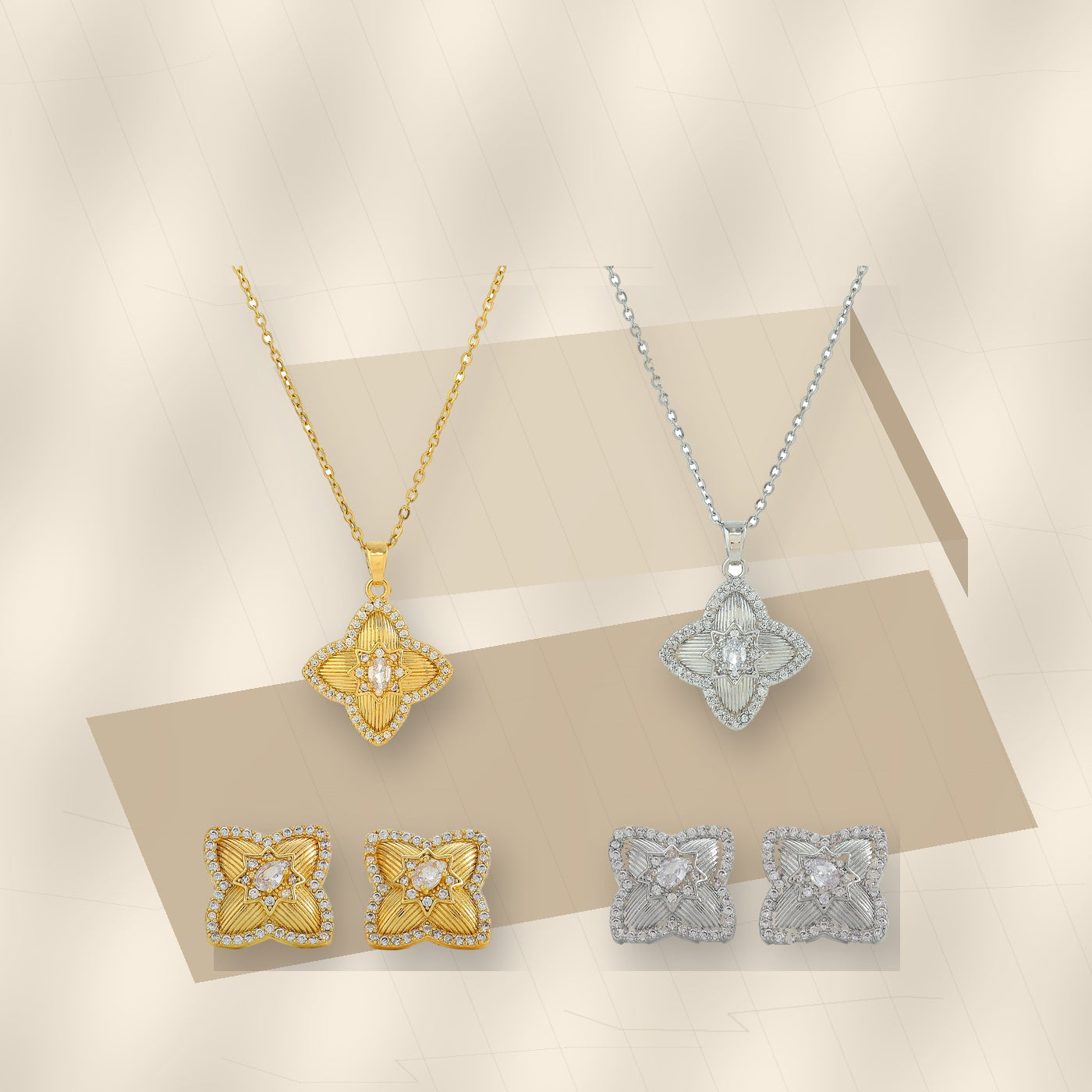Minimalist Geometric Four-Sided Clover Pendant Necklace for Women in 316L 316L Stainless Steel with Rhinestone Inlay and Plated Finish - modern geometric editorial product photo