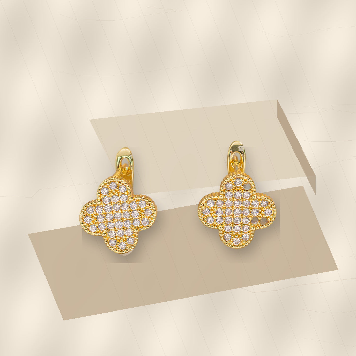 Elegant Four-Leaf Clover Earrings in 316L Stainless Steel with Gold Electroplated and Zircon Inlay, Floral and Geometric Design, Women's Fashion Jewelry - modern geometric editorial product photo