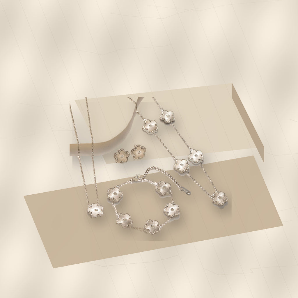 Minimalist Five-Petal Flower Necklace Set in 316L 316L Stainless Steel with Laser-Cut Clover Design, Gold Electroplated finish, O-Chain, for Women - modern geometric editorial product photo