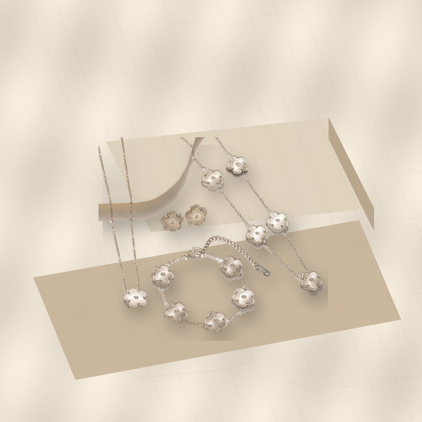 Minimalist Five-Petal Flower Necklace Set in 316L 316L Stainless Steel with Laser-Cut Clover Design, Gold Electroplated finish, O-Chain, for Women - modern geometric editorial product photo